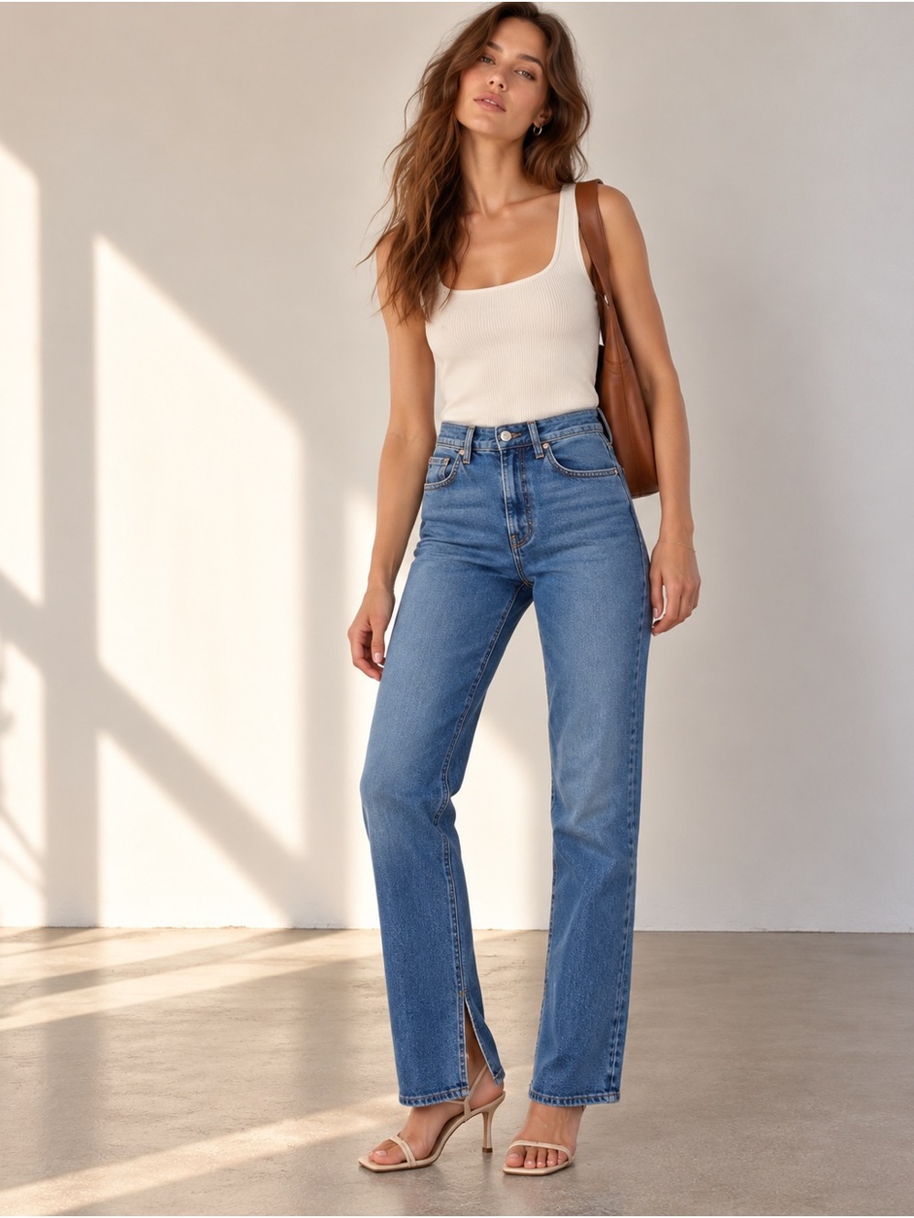 GRLFRND Medium Wash Straight Jeans With Side Slit Hems Size 28